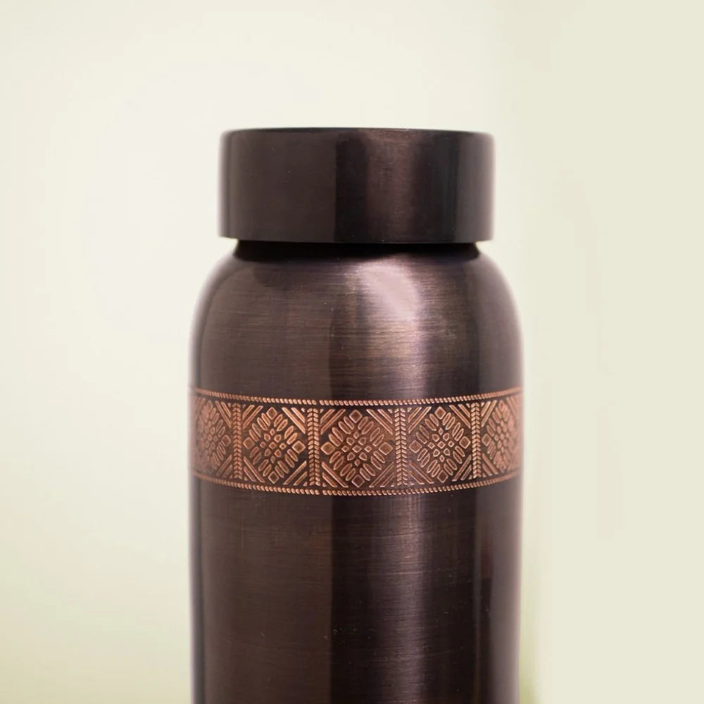 Pure Copper Water Bottle Gift Set – 950 ML Antique Brown Finish | Kanjeevaram Inspired Luxury Design